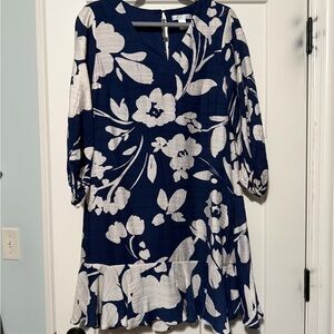 London Times Navy and White Floral Long Sleeve Dress
